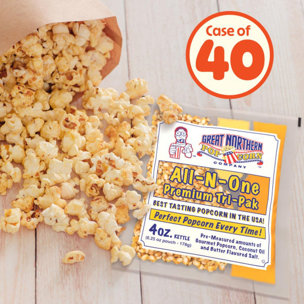 Great Northern opened packet with kernels oil and salt for easy pouring