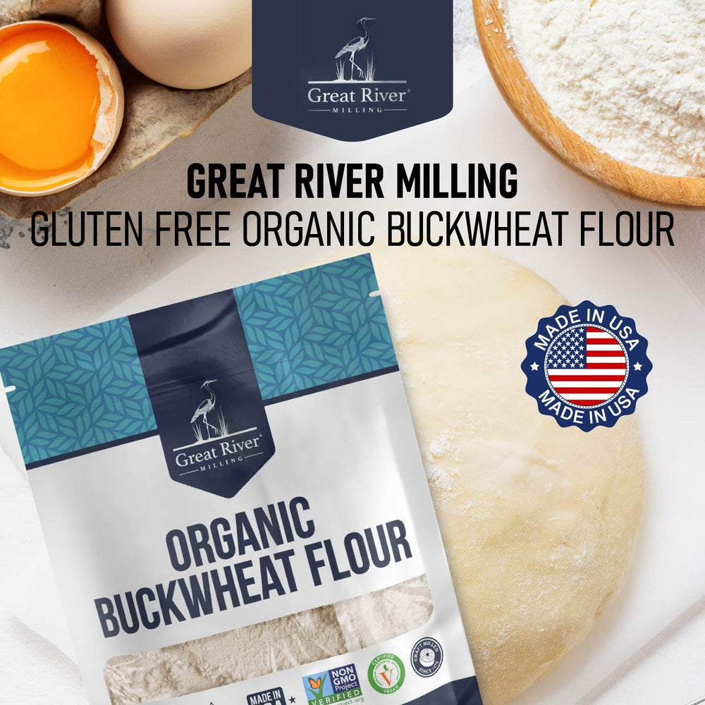 Great River Milling 5 lb bag next to scale showing family-size quantity and value