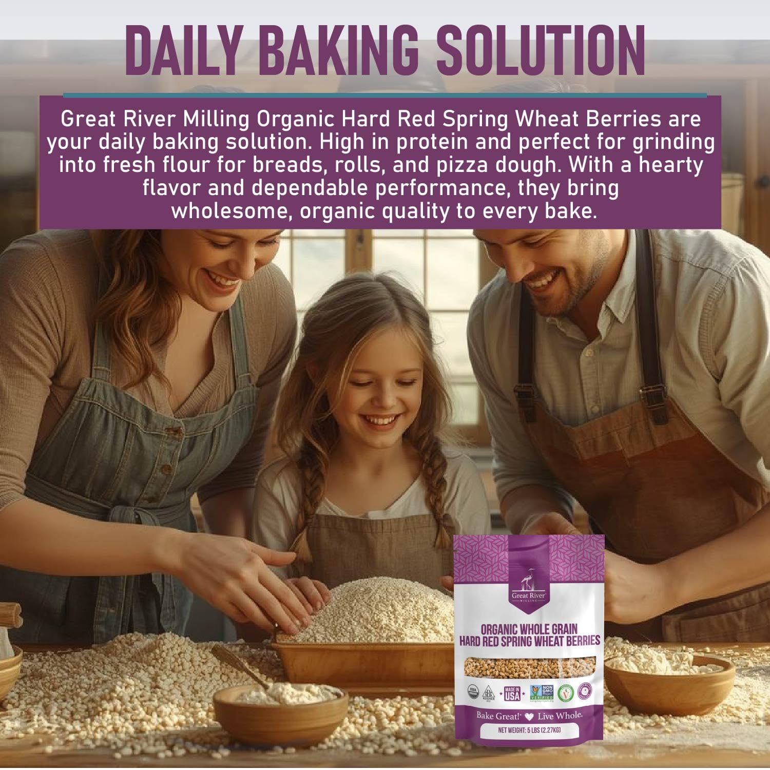 Great River Milling bag label close-up showing USDA Organic Non-GMO Kosher certifications