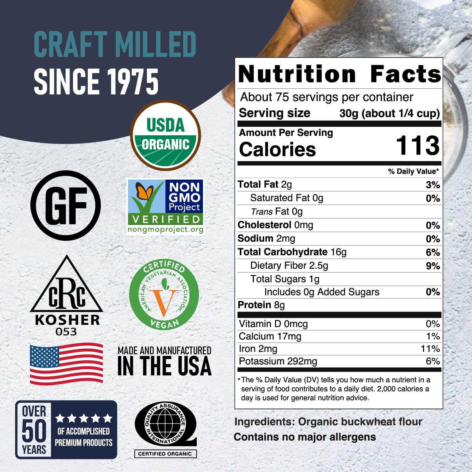 Great River Milling label close-up highlighting USDA Organic and gluten-free benefits