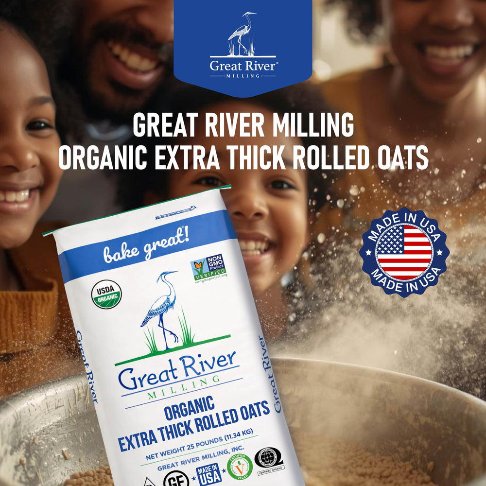 Great River Milling bag label close-up with USDA Organic and Kosher seals