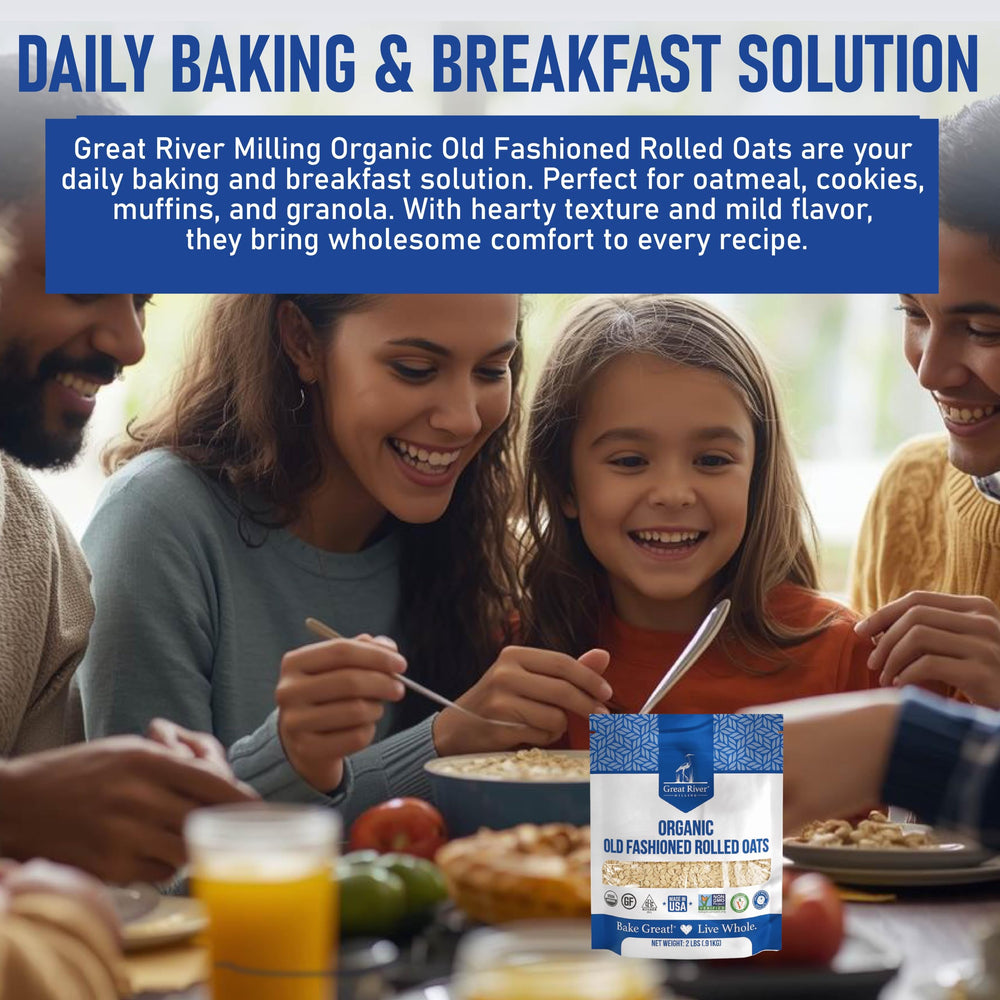 Great River Milling oats with baking ingredients on counter showing reliable baking performance
