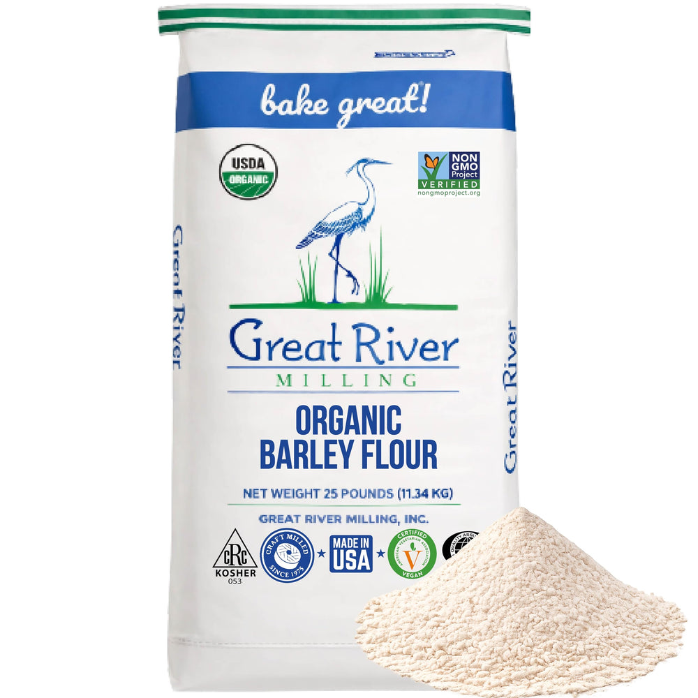 Great River Milling front packaging showing 25 lb whole grain barley flour and organic label benefit