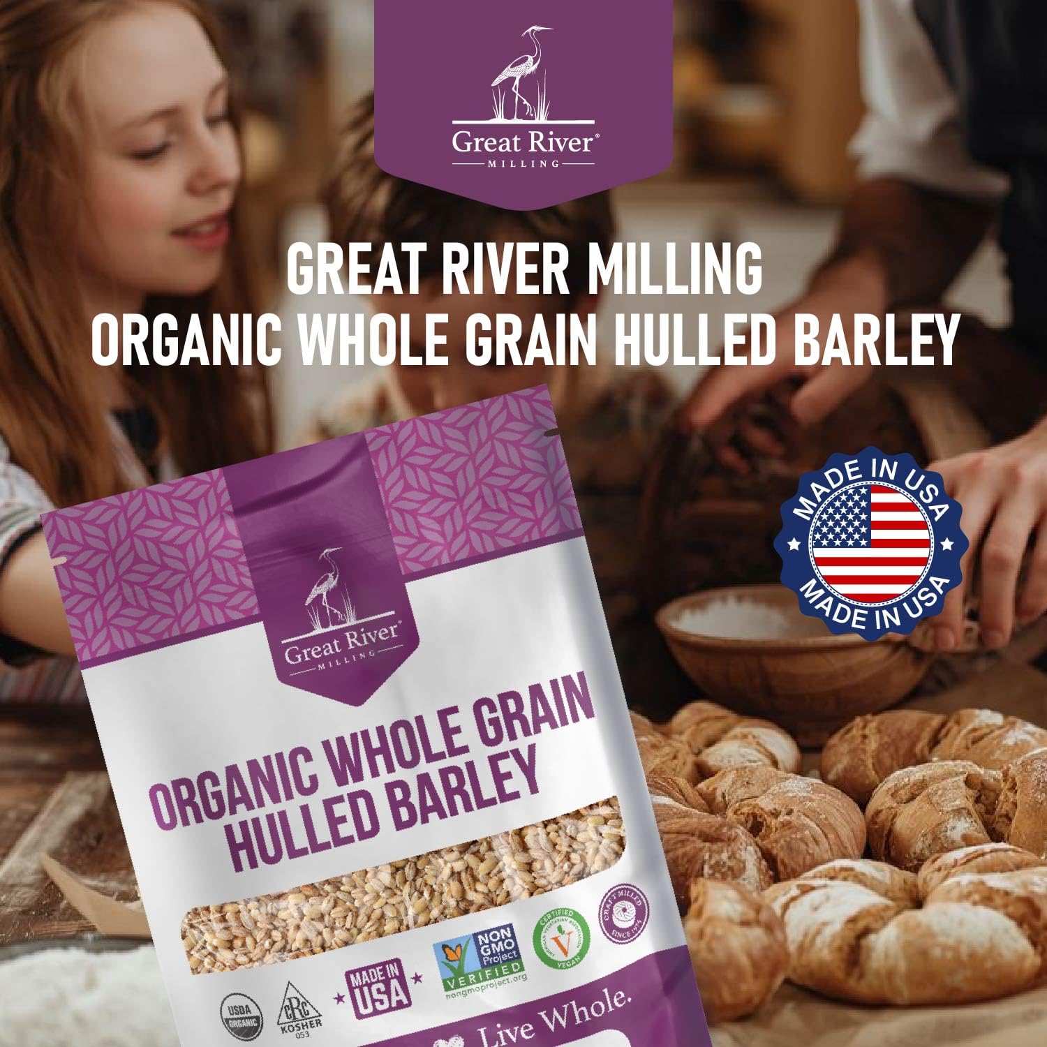 Great River Milling 5 lb bag beside kitchen scale demonstrating family-size quantity