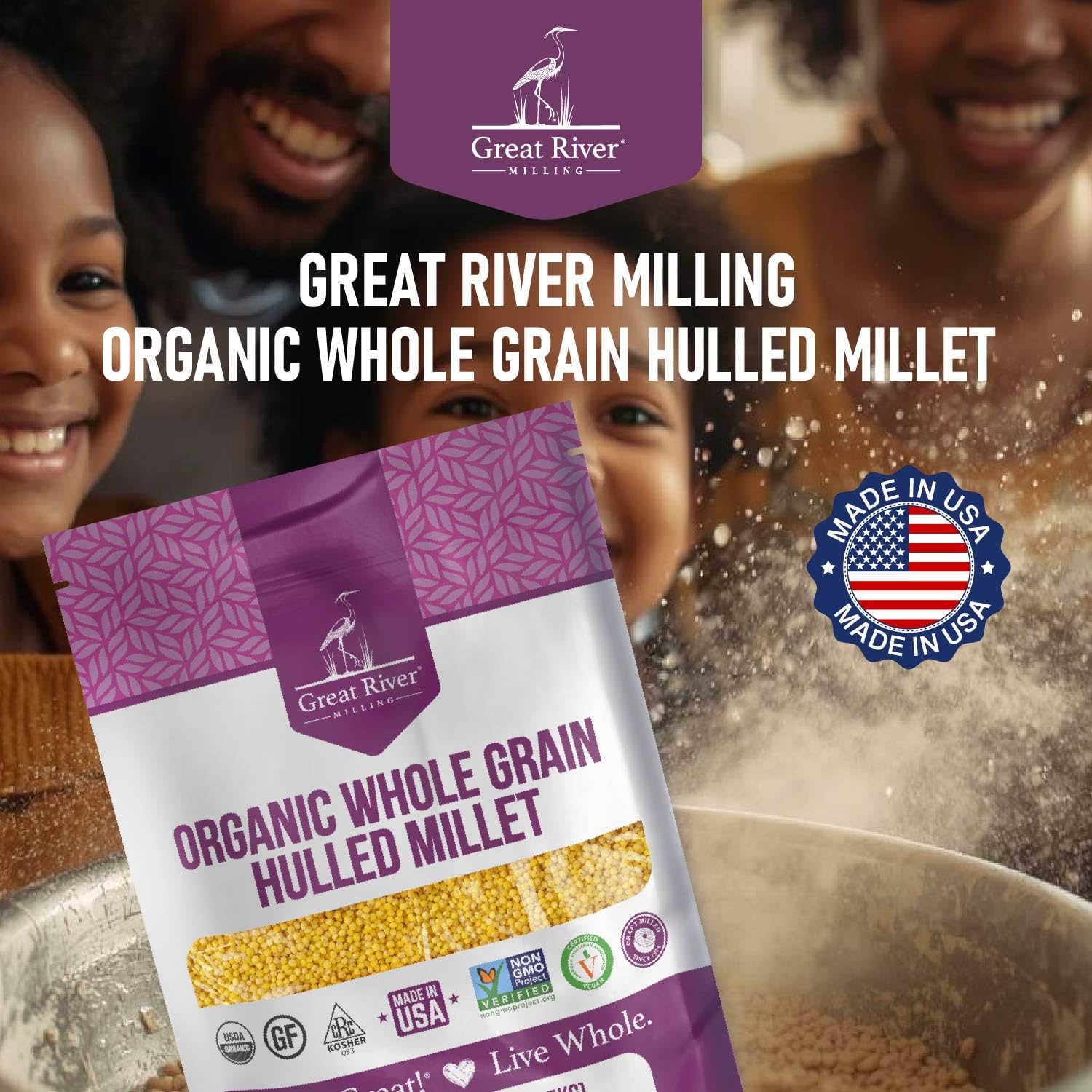 Great River Milling product label with USDA Organic and gluten-free certifications for clarity