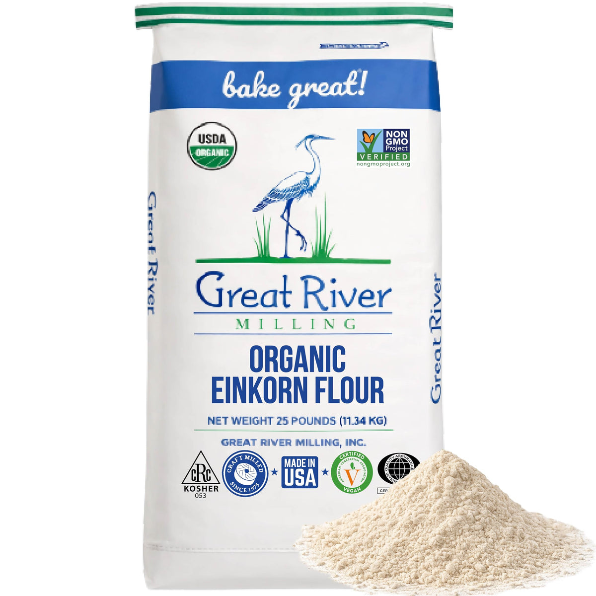 Great River Milling einkorn 25 lb bag showing packaging and product identity benefits
