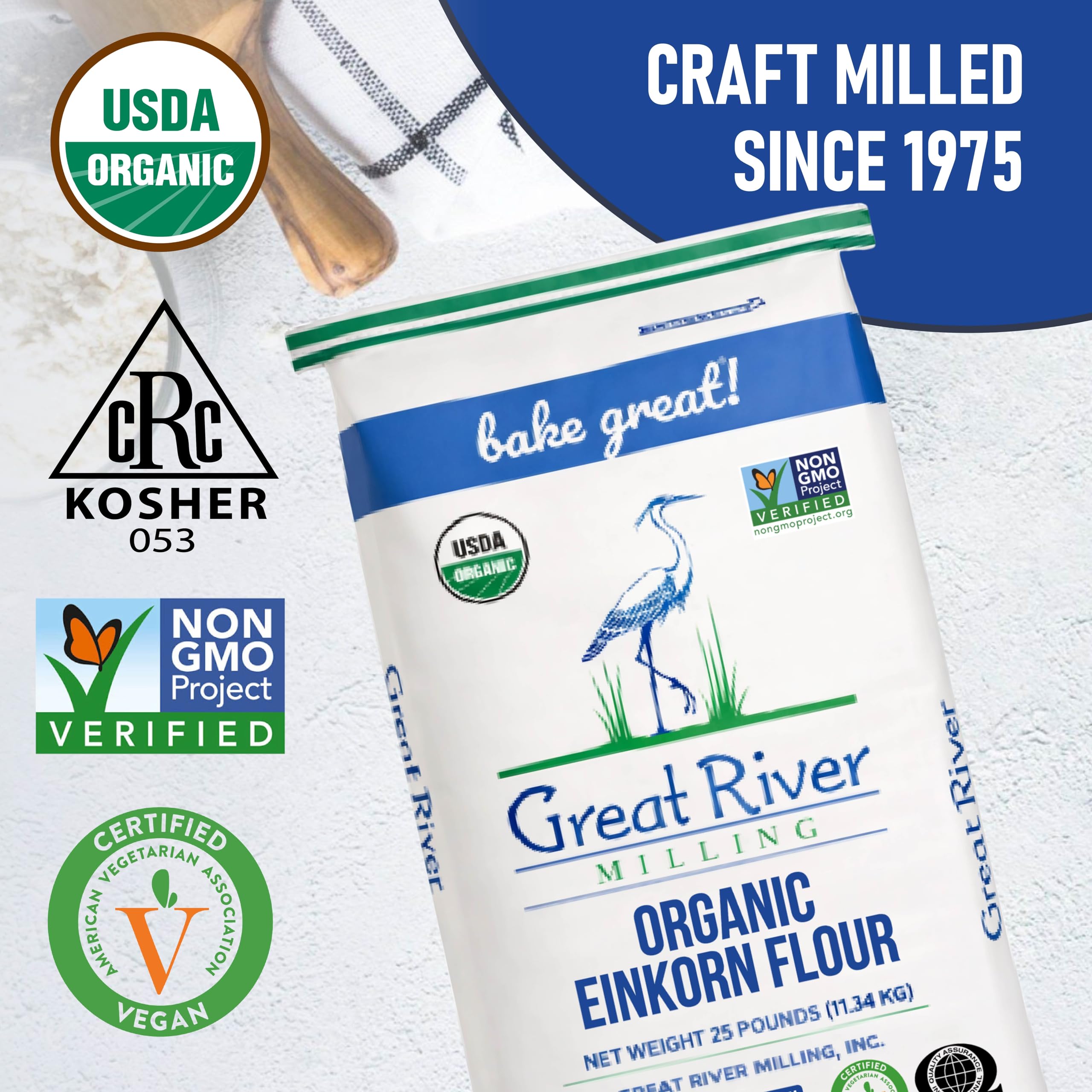 Great River Milling einkorn bulk storage bin in kitchen showing cost-effective supply benefit