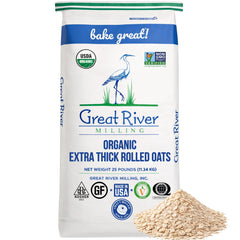 Great River Milling front bag showing 25 lb label and organic benefit