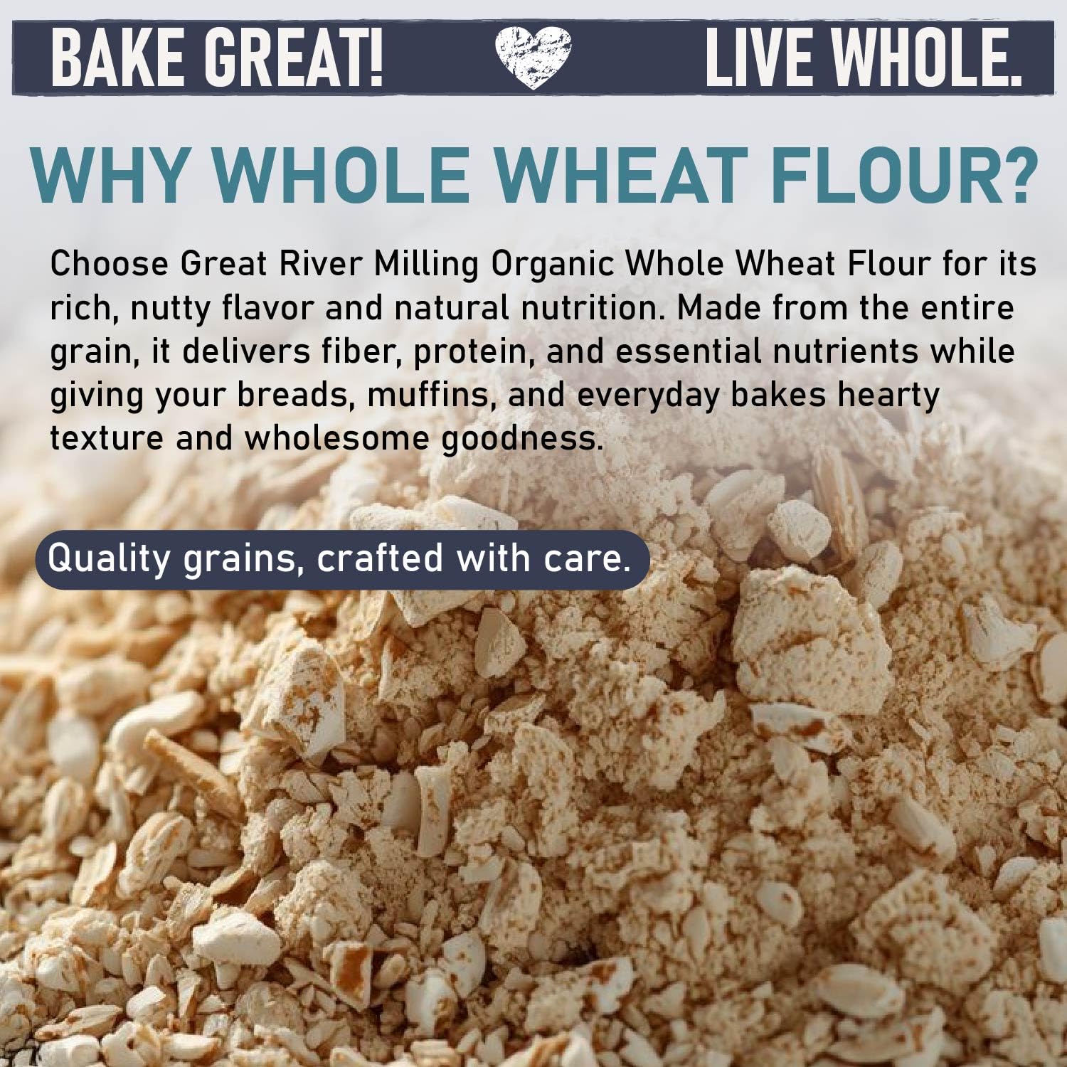 Close-up of Great River Milling whole wheat flour texture, shows hearty grain quality