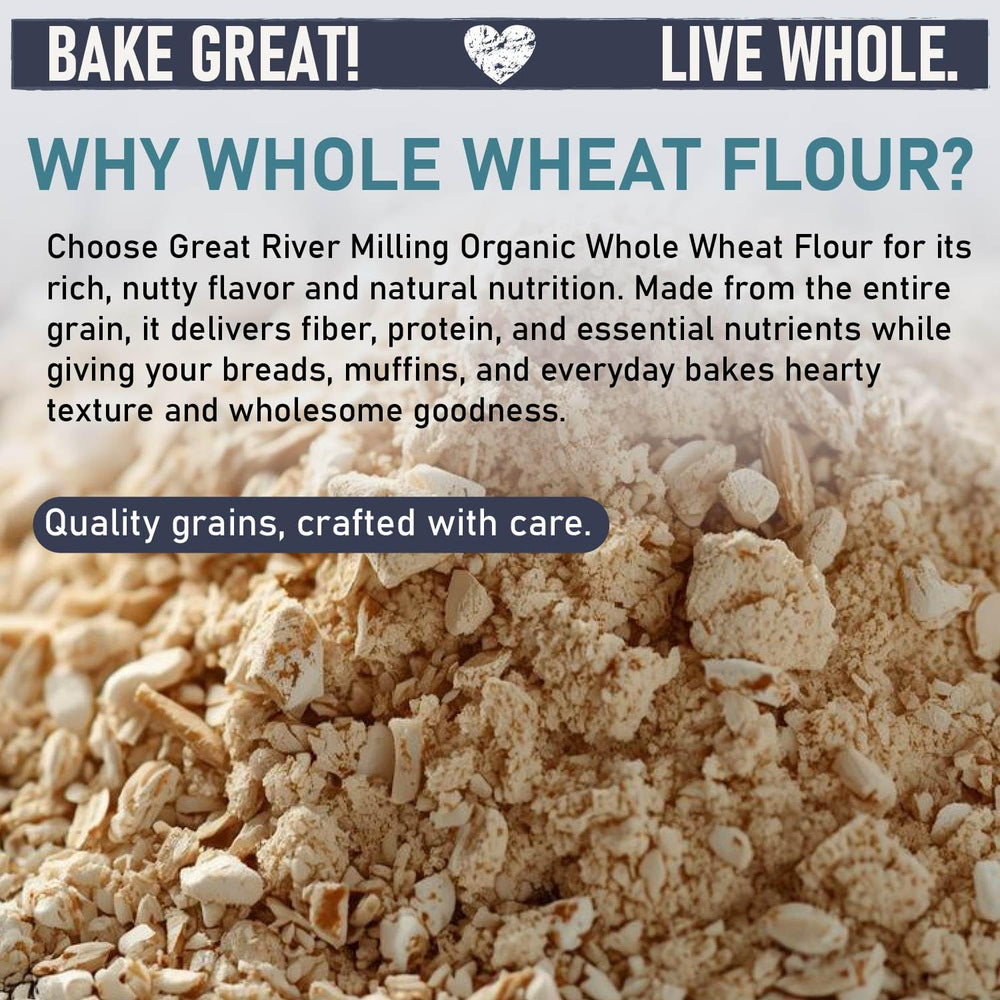 Close-up of Great River Milling whole wheat flour texture, shows hearty grain quality