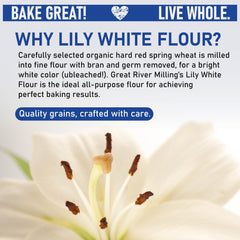 Great River Milling flour close-up showing fine texture for tender crumb benefits