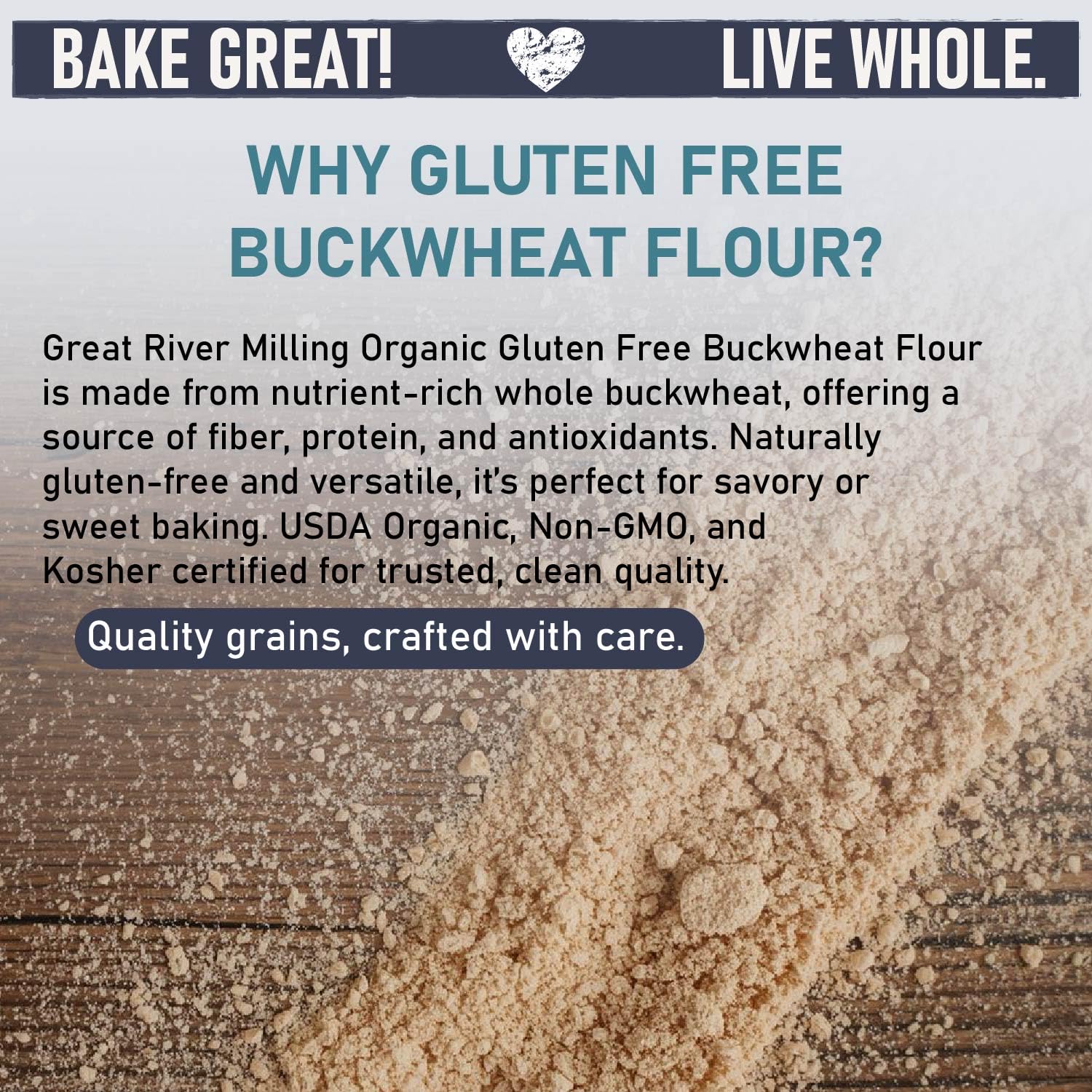 Great River Milling flour scoop pouring from bag illustrating easy measuring for recipes