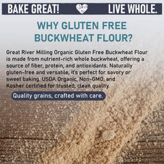 Great River Milling flour scoop pouring from bag illustrating easy measuring for recipes