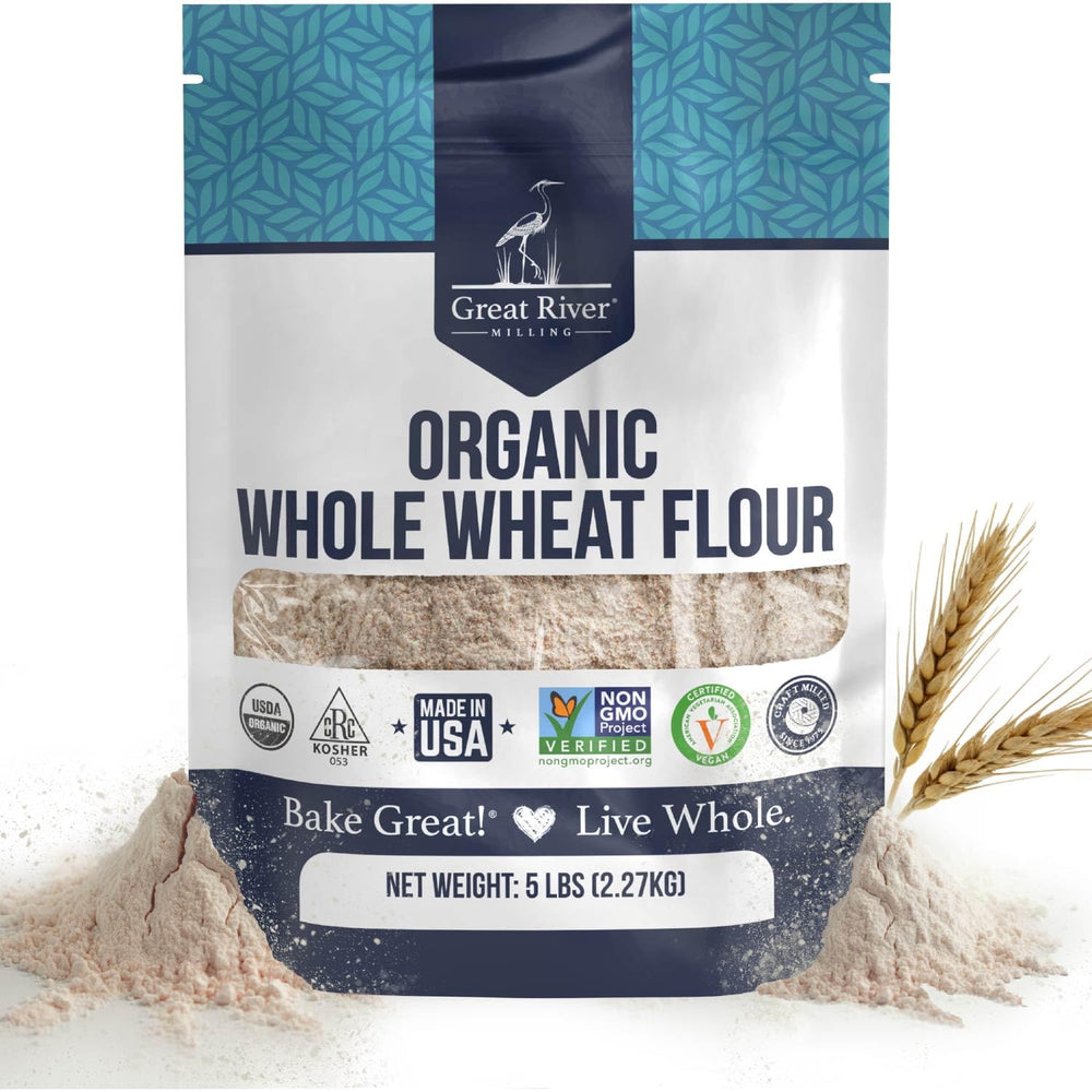 Great River Milling front bag showing branding and 5 lb size, clear ingredient trust