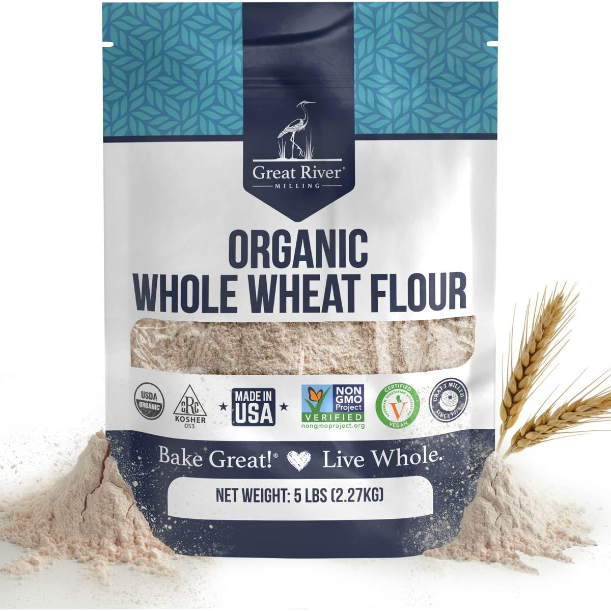 Great River Milling front bag showing branding and 5 lb size, clear ingredient trust
