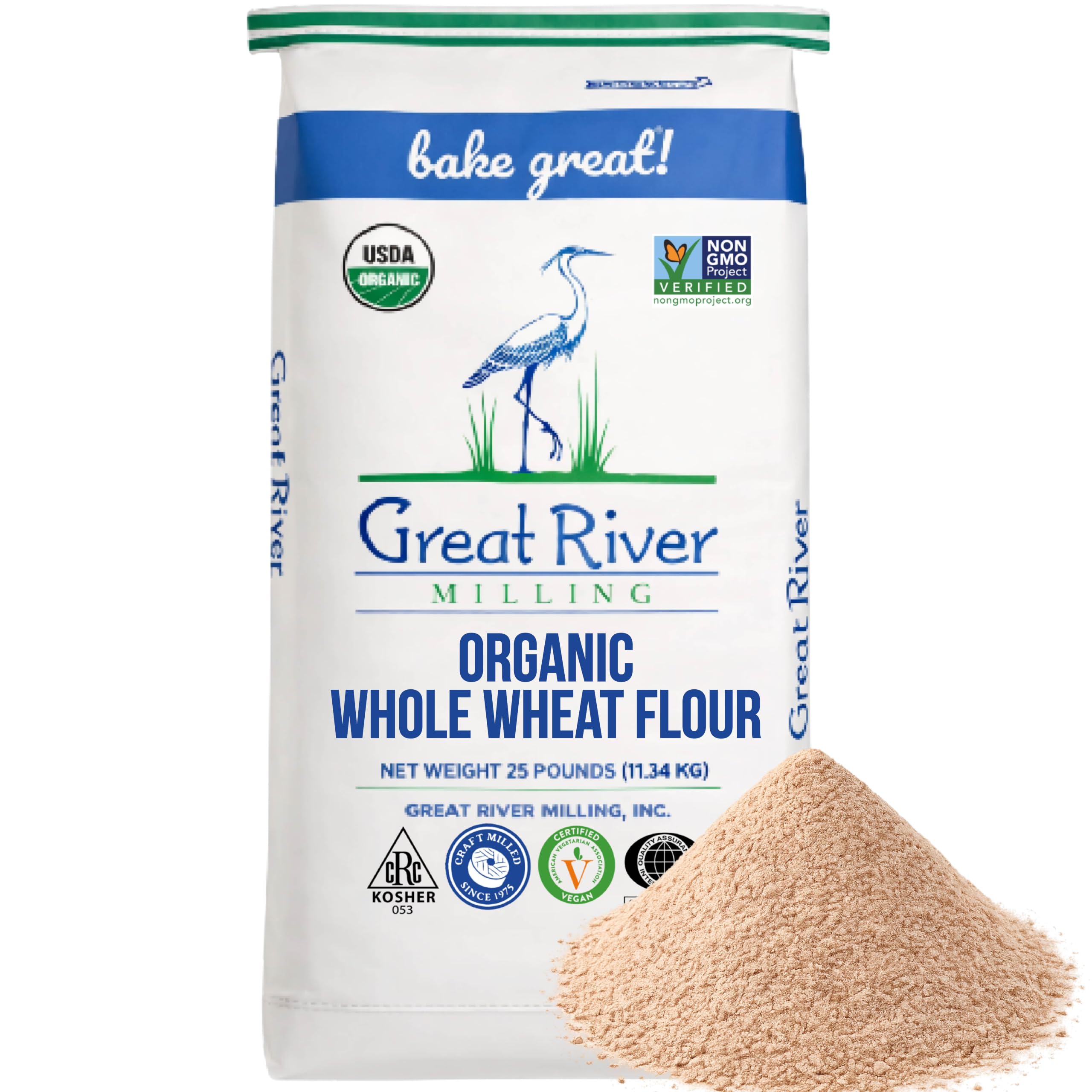 Great River Milling front of bag showing brand and 25 lb size, clear label benefit
