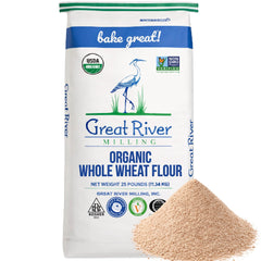 Great River Milling front of bag showing brand and 25 lb size, clear label benefit
