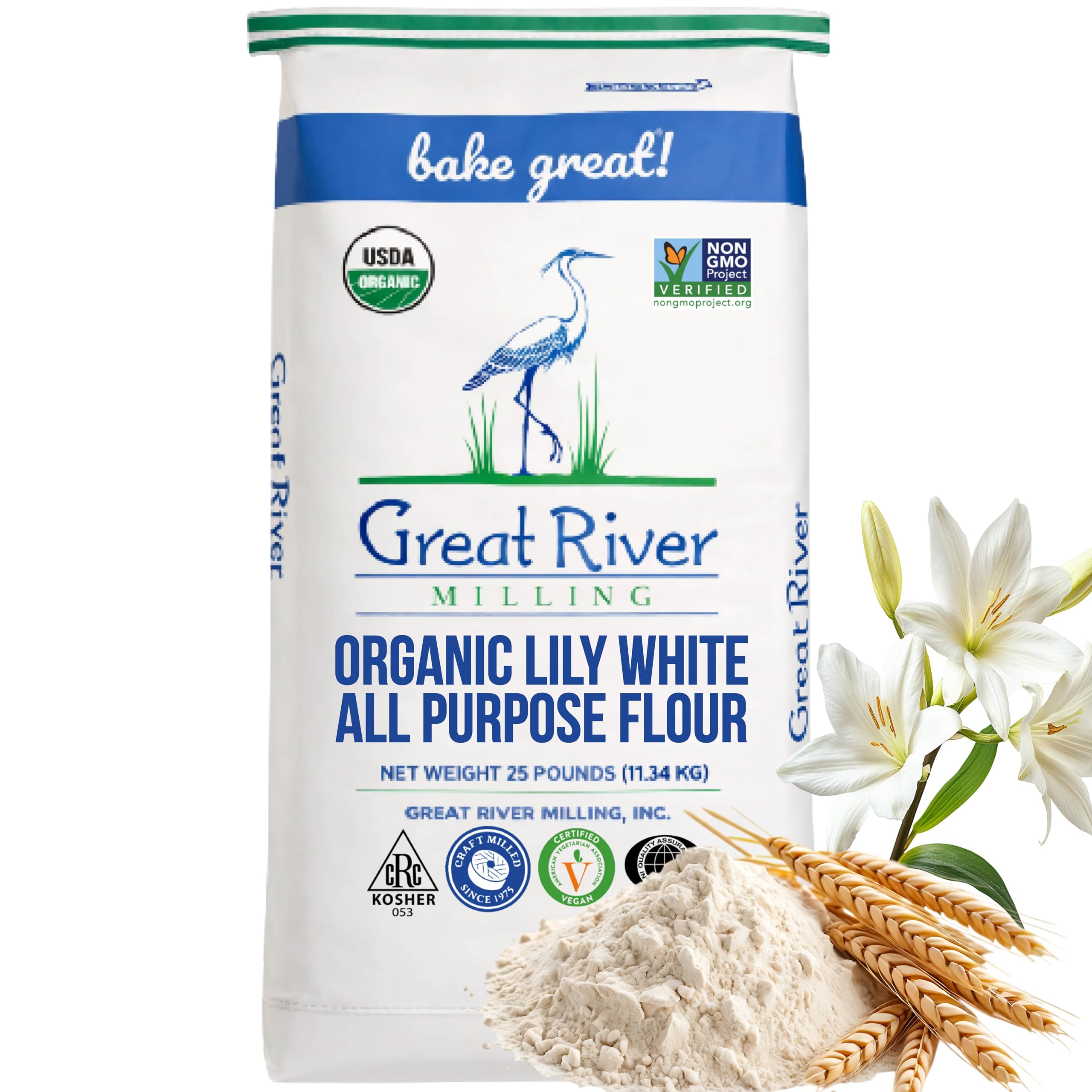Great River Milling front packaging showing 25 lb organic flour and clear labeling benefit