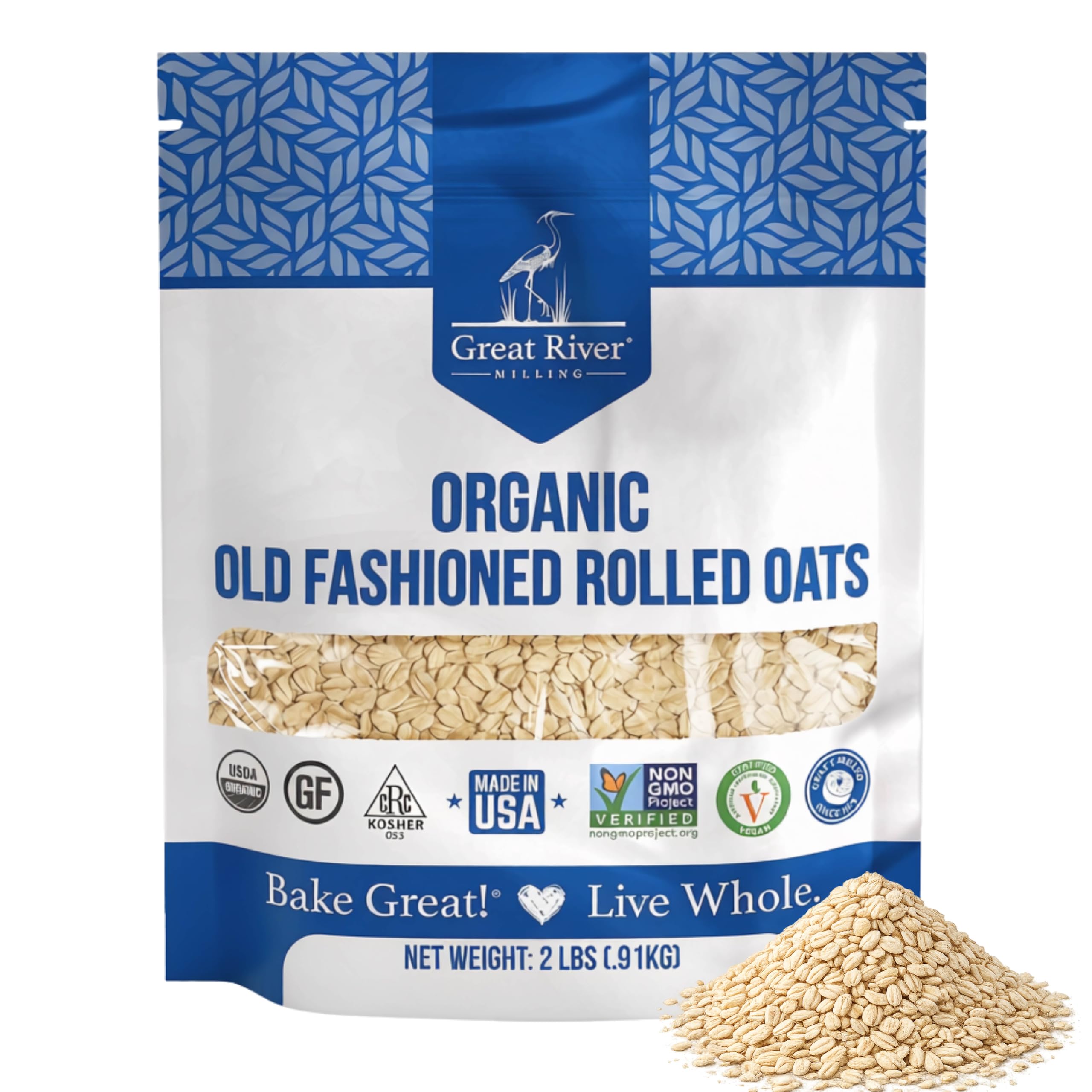 Great River Milling front packaging showing organic 2 lb bag and clear labeling benefit