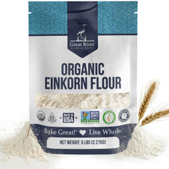 Great River Milling front package showing organic einkorn flour and benefits