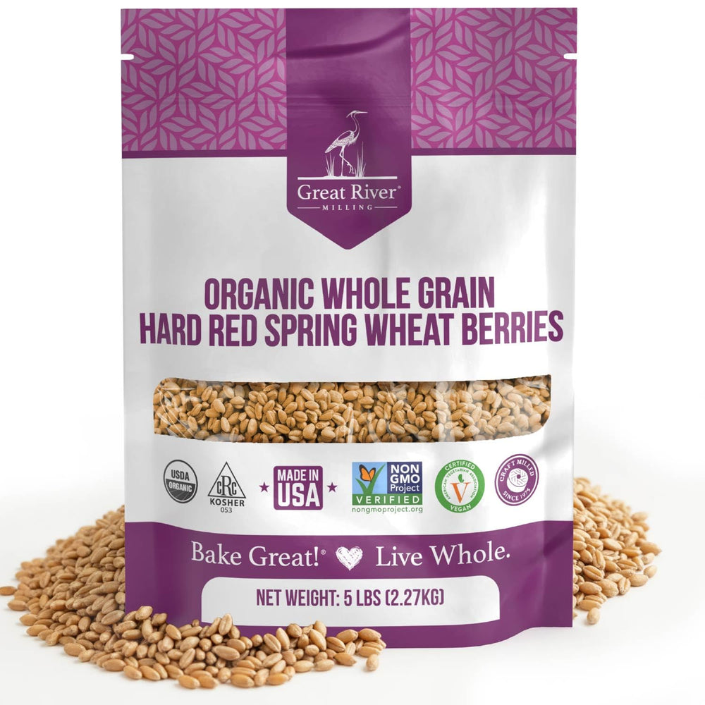 Great River Milling front package showing organic 5 lb wheat berries for pantry convenience