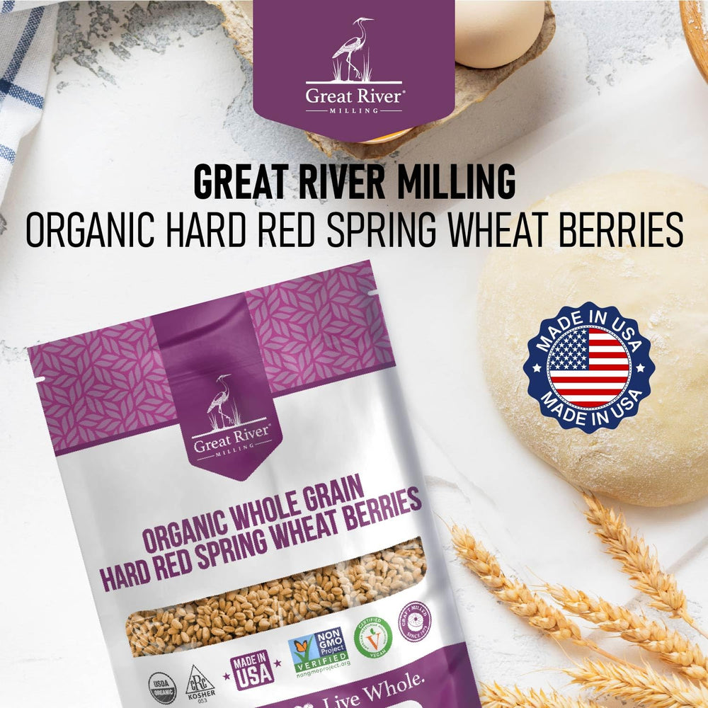 Great River Milling wheat berries in a home mill demonstrating easy fresh-flour production