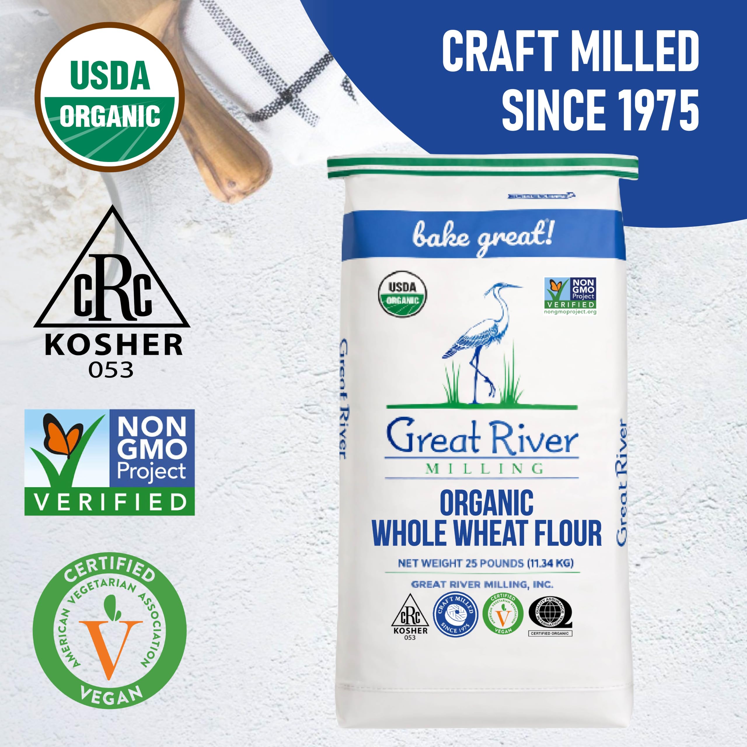 Great River Milling flour on a kitchen counter with baking props, showing lifestyle benefit