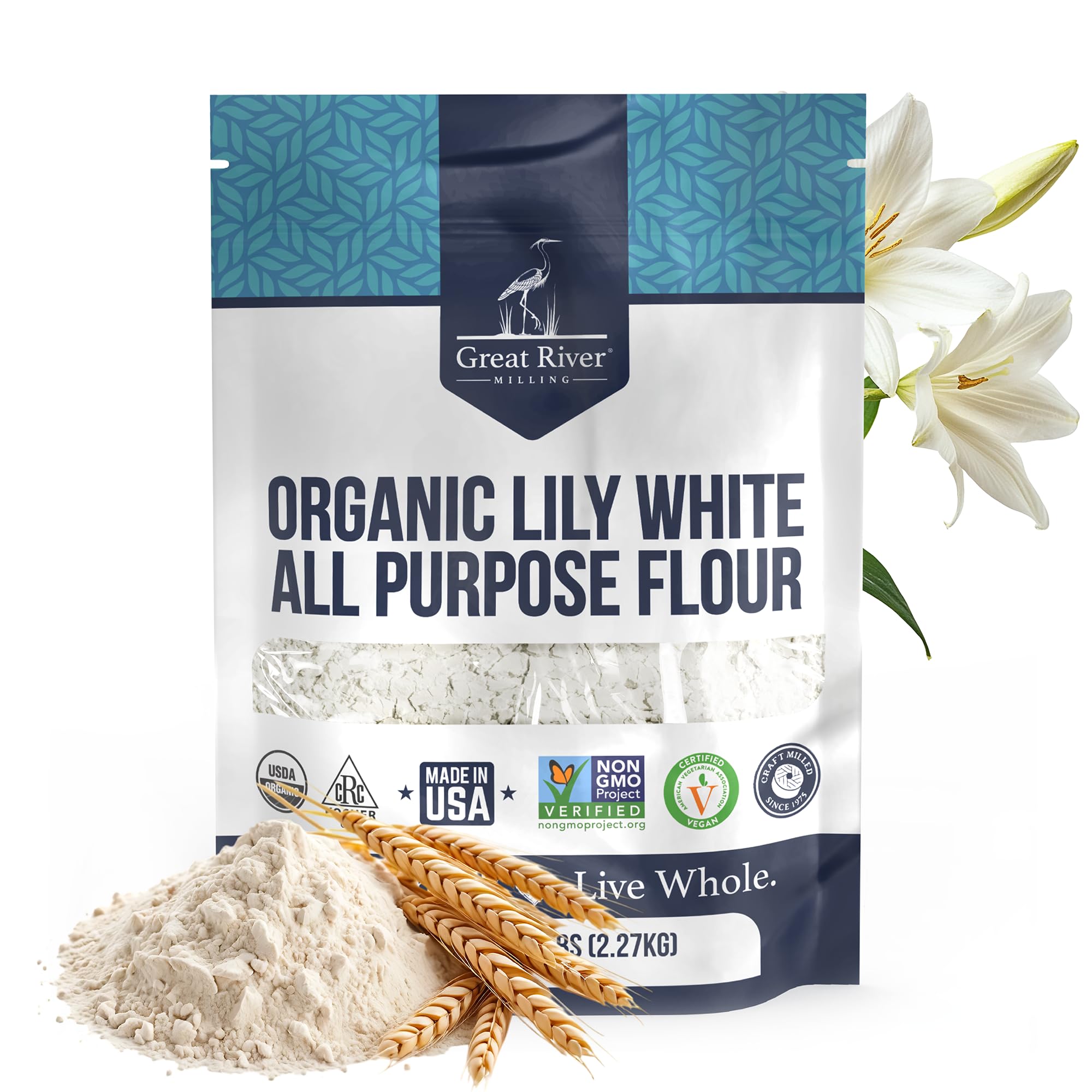 Great River Milling front packaging showing 5 lb lily white flour, clear pantry benefit