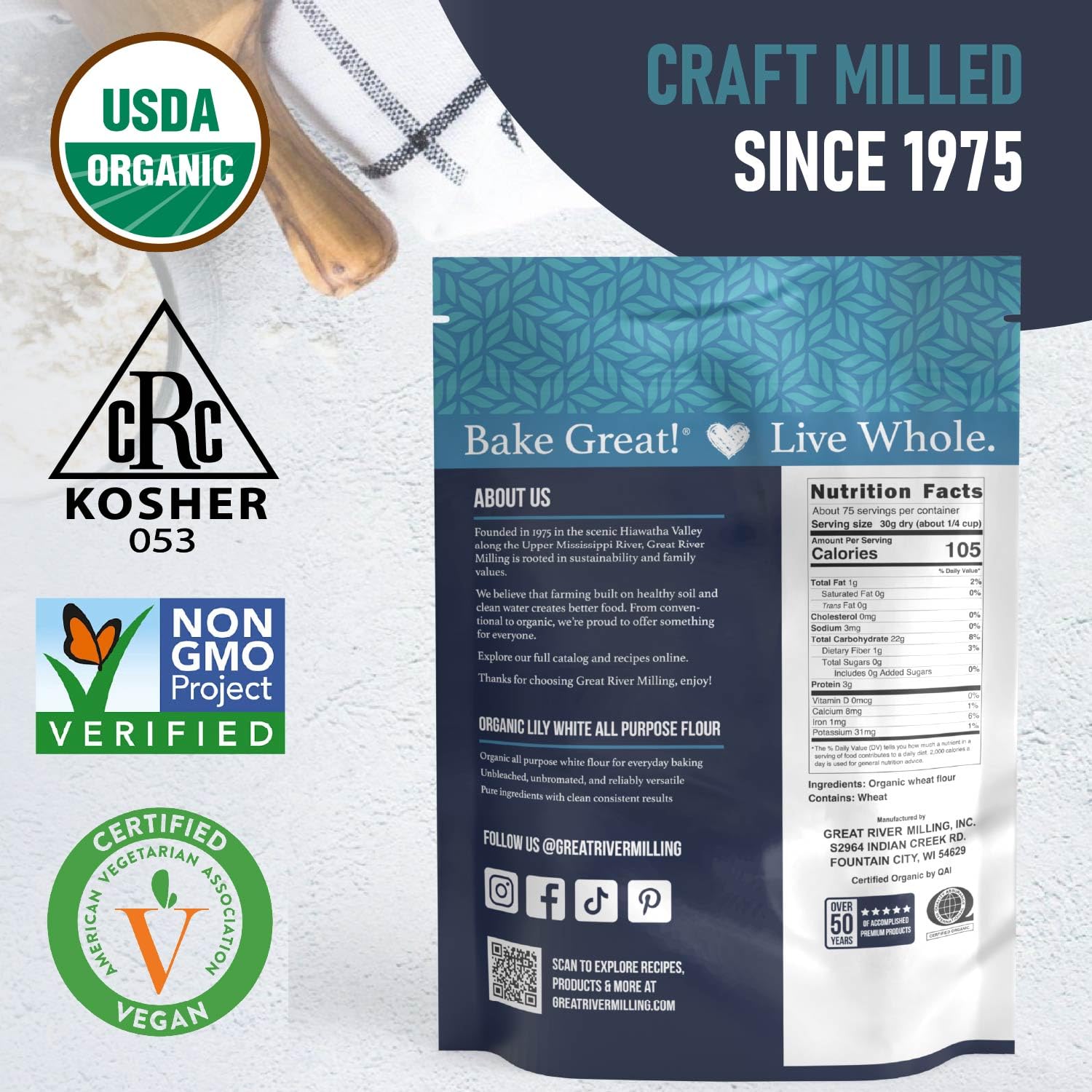 Great River Milling flour bag in a kitchen setting showing everyday baking readiness