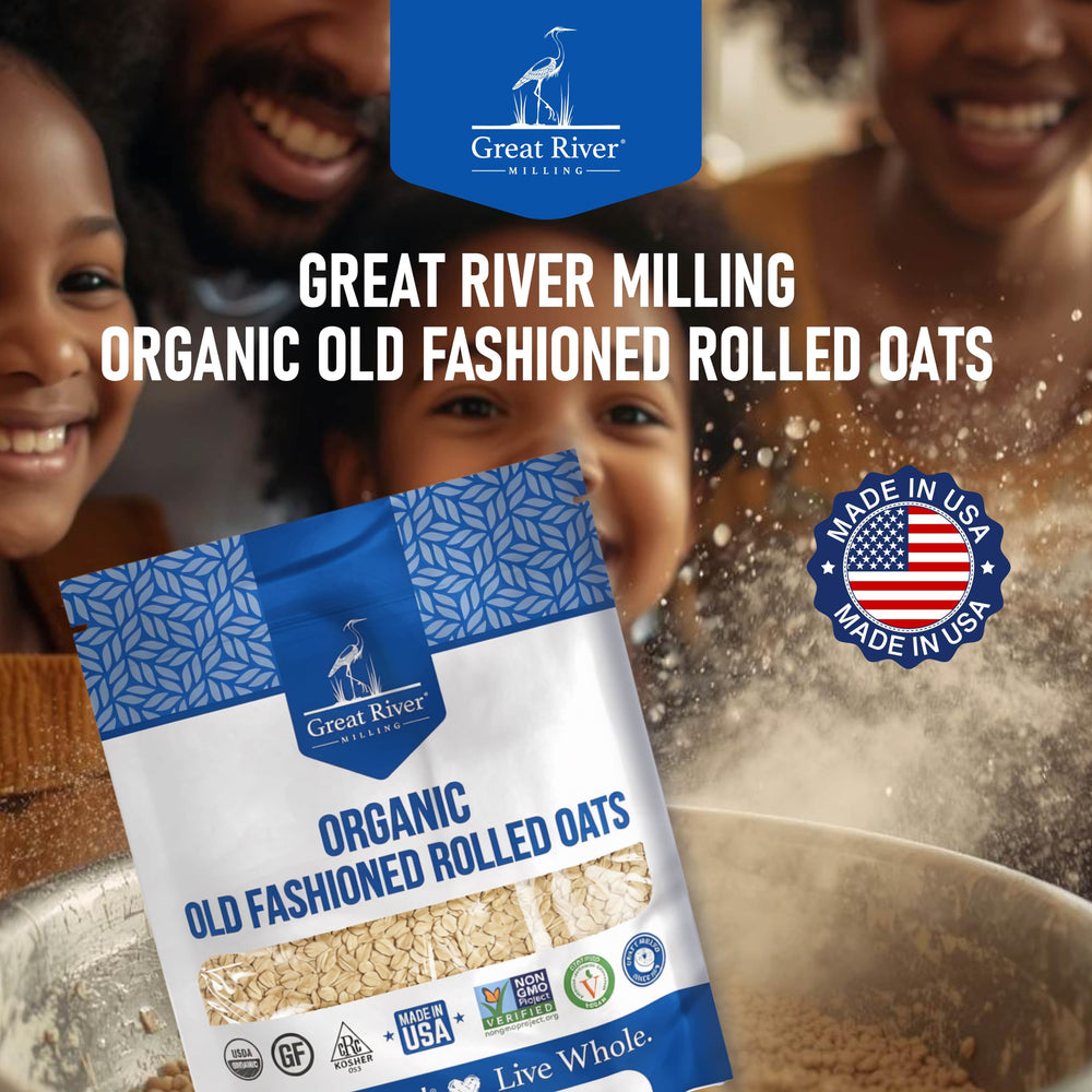 Great River Milling nutrition and certifications label close-up showing USDA Organic and Non-GMO benefit