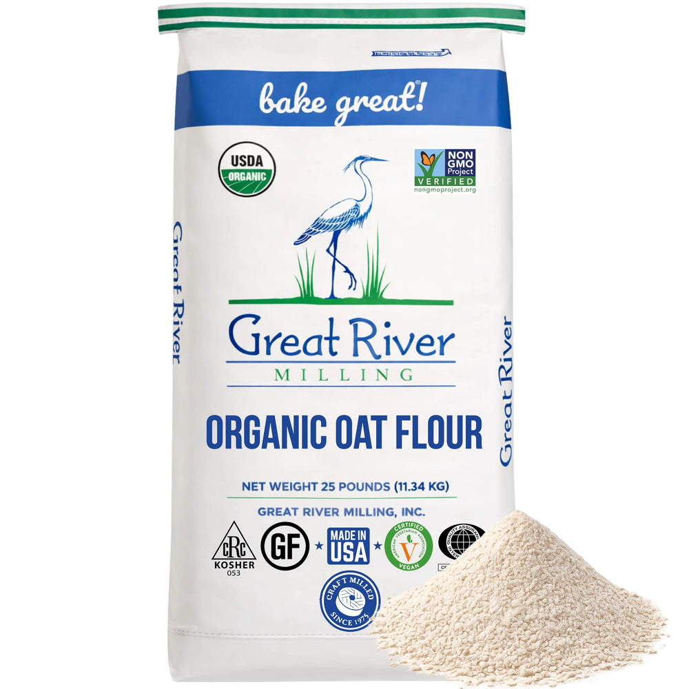 Great River Milling front bag showing 25 lb oat flour for reliable bulk baking