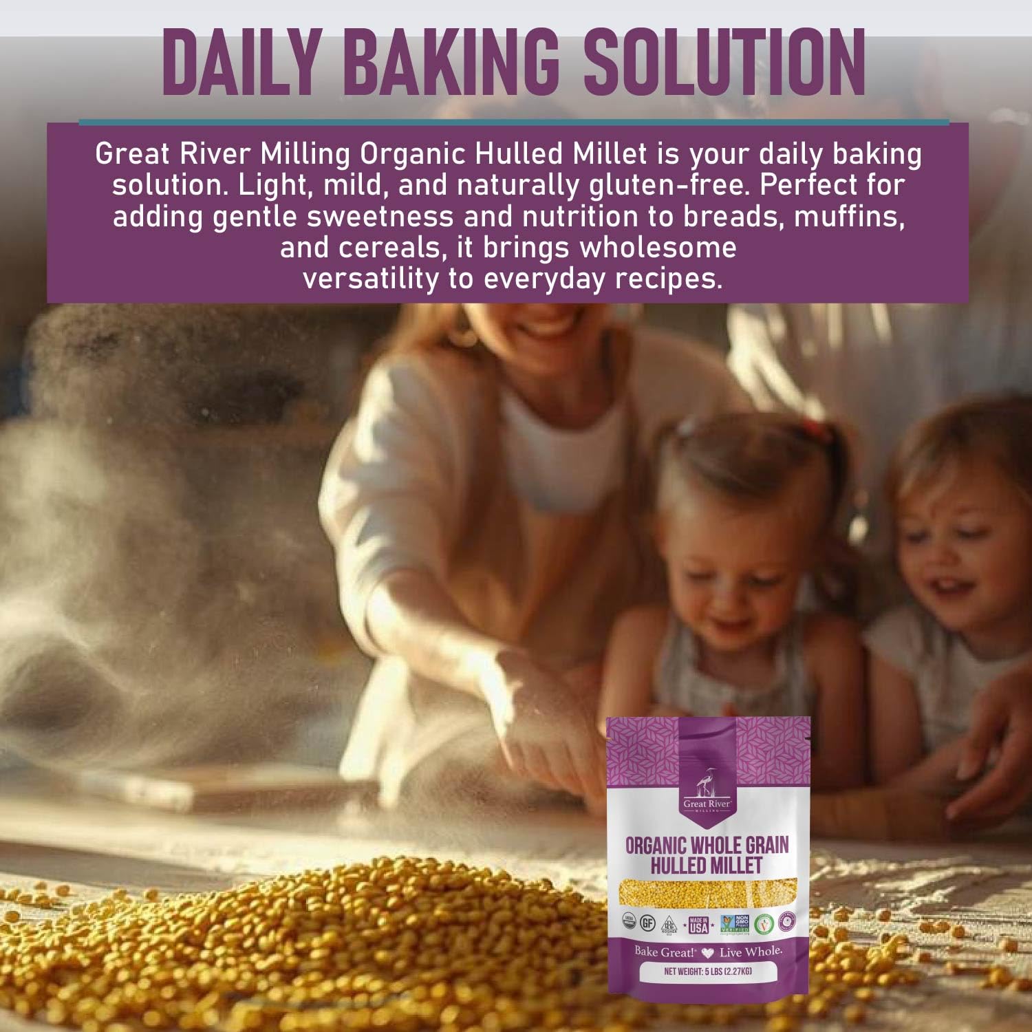 Great River Milling 5 lb bag next to common pantry items showing family-size convenience