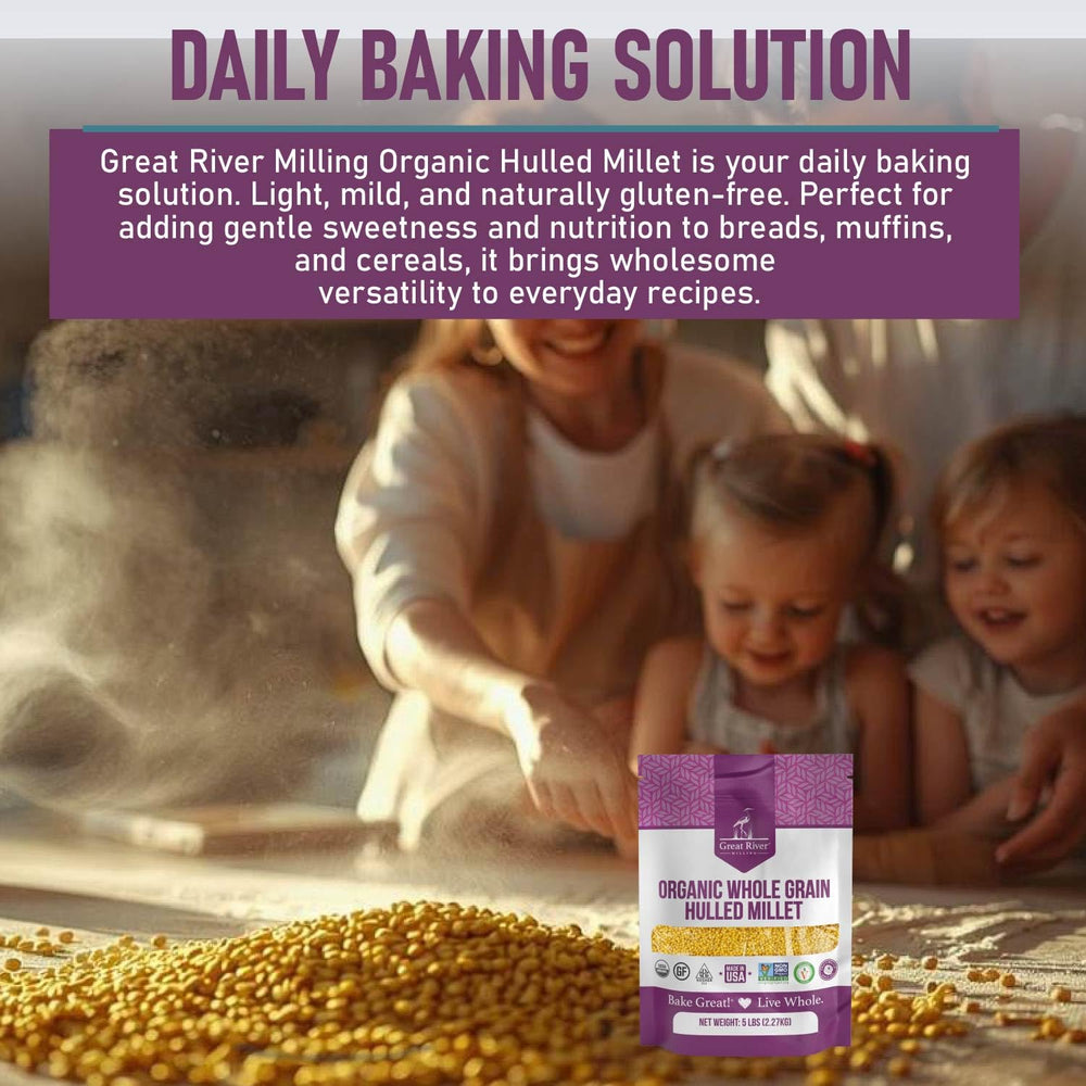 Great River Milling 5 lb bag next to common pantry items showing family-size convenience