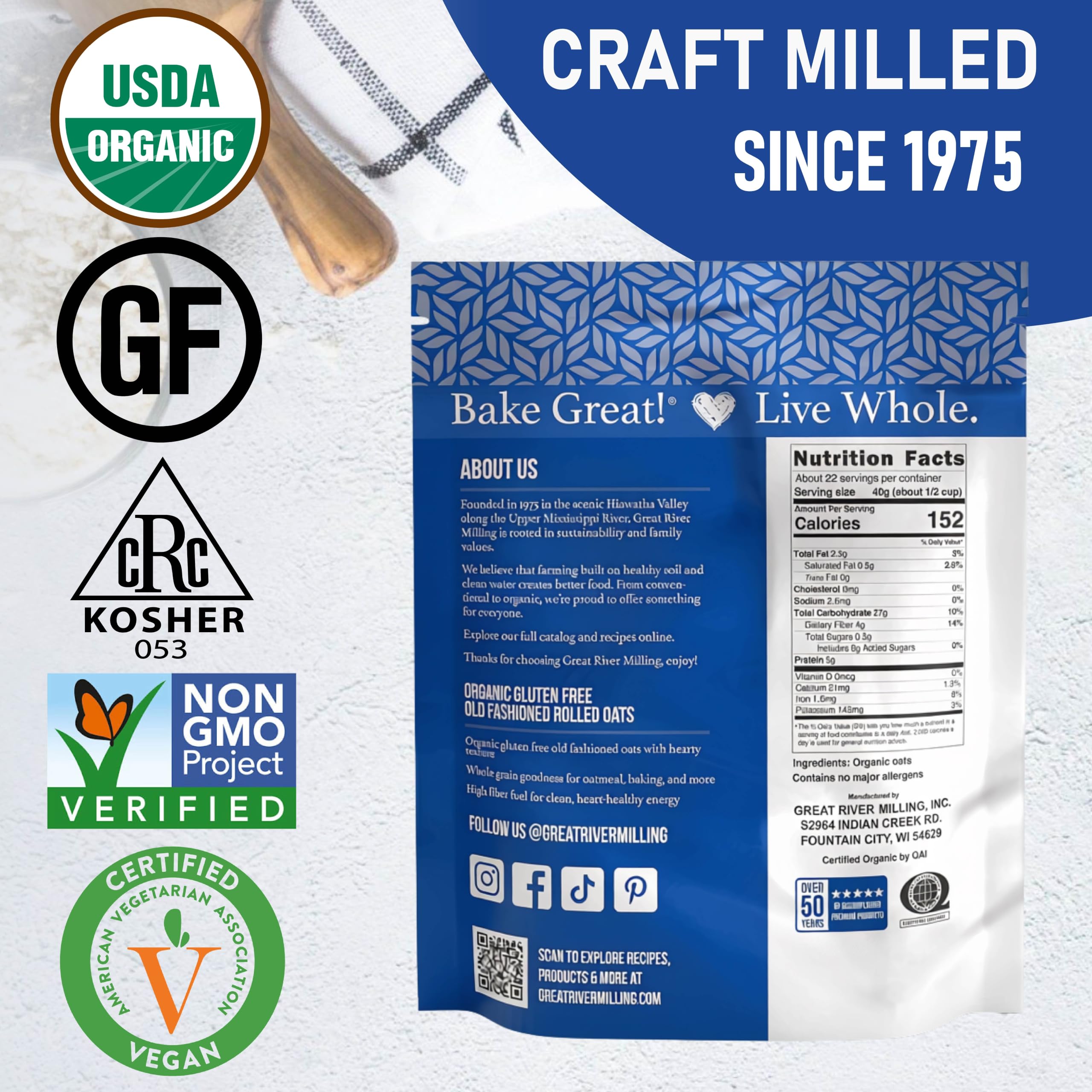 Great River Milling bag on pantry shelf among jars showing compact storage and accessibility benefit