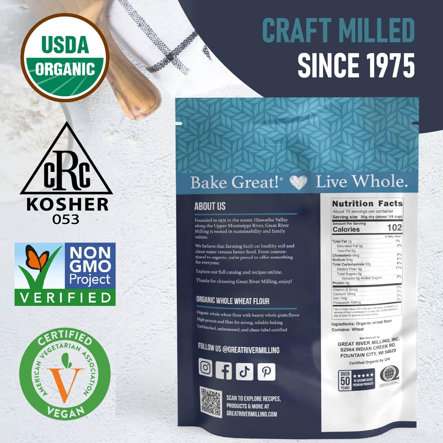 Great River Milling bag on pantry shelf among staples, convenient storage benefit