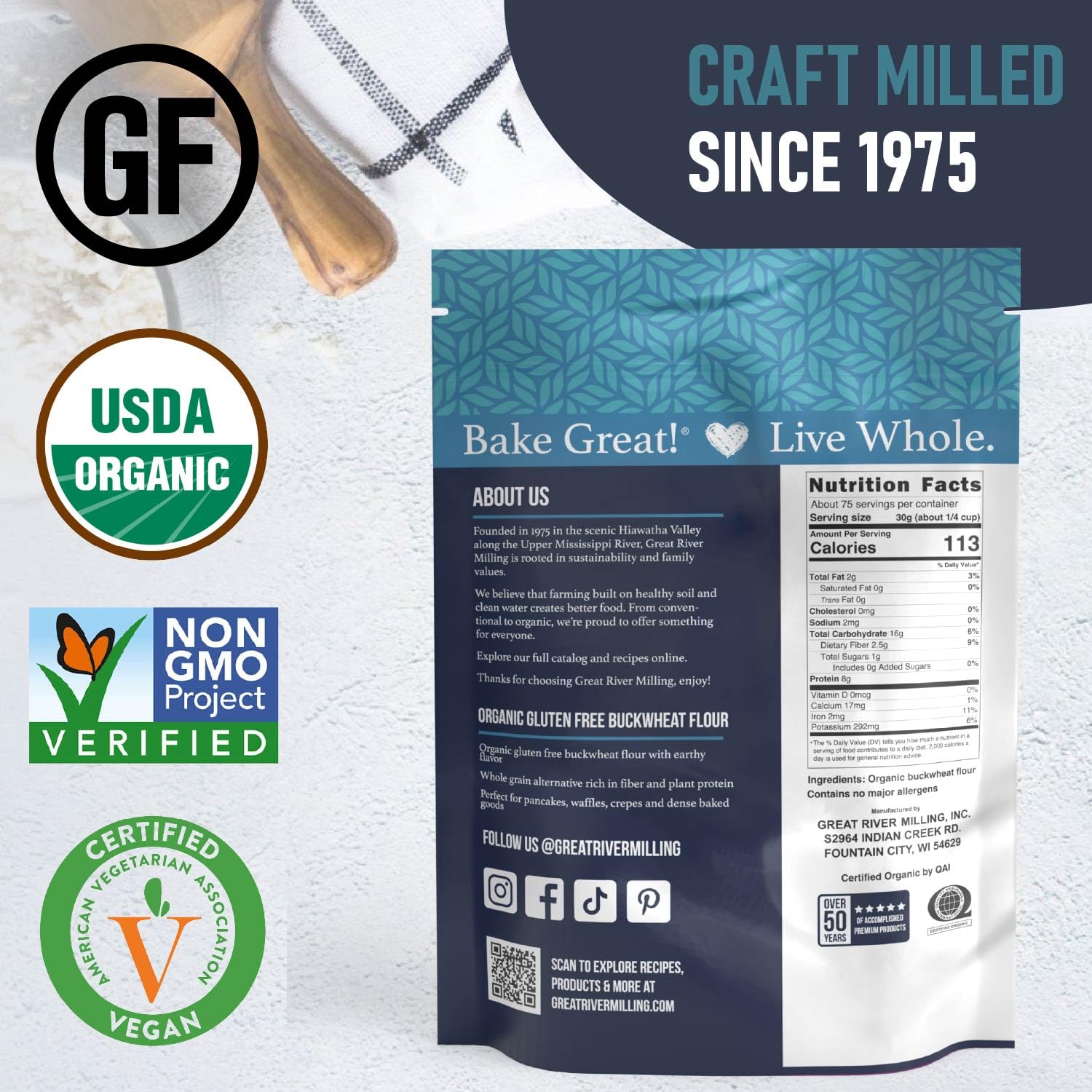 Great River Milling stored in pantry container illustrating long-lasting freshness