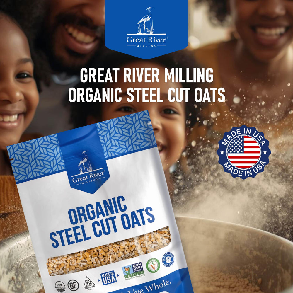 Great River Milling measuring cup with oats showing portion control and yield