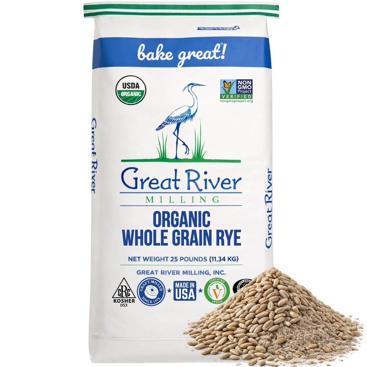 Great River Milling front packaging showing 25 lb bag and organic label benefit