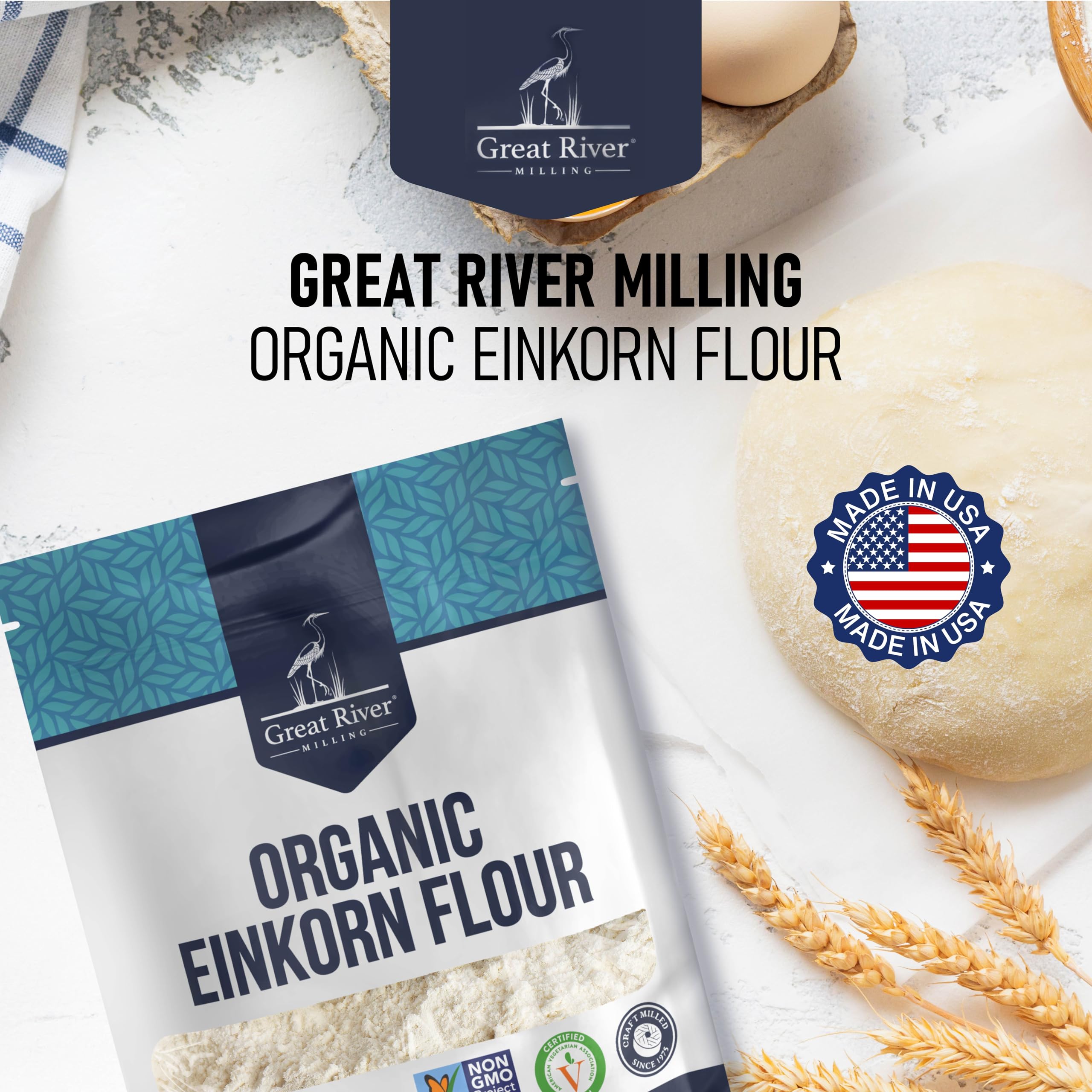 Great River Milling 5 lb bag beside scale for size and pantry-ready portion
