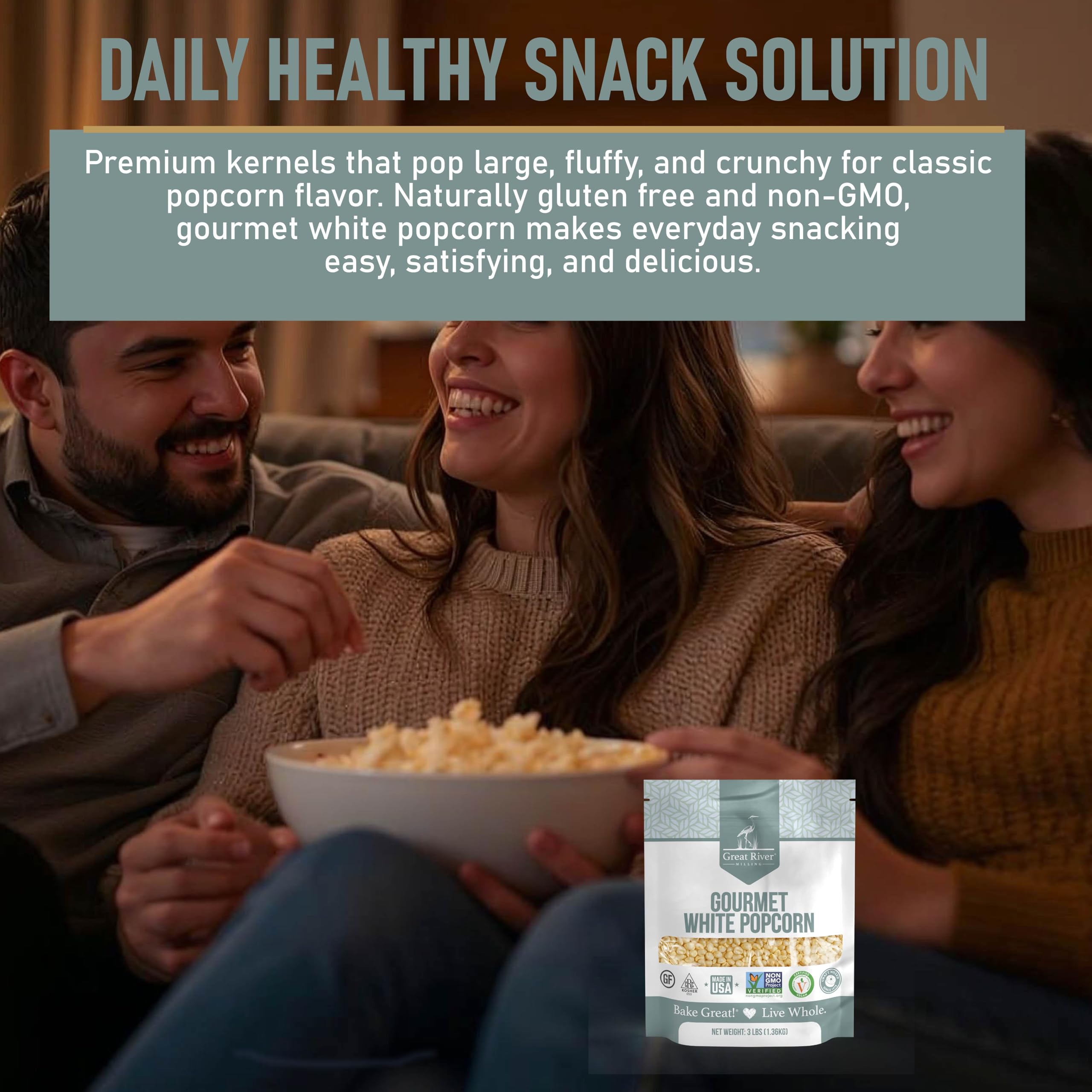 Great River Milling seasoned kettle corn showing sweet-salty coating