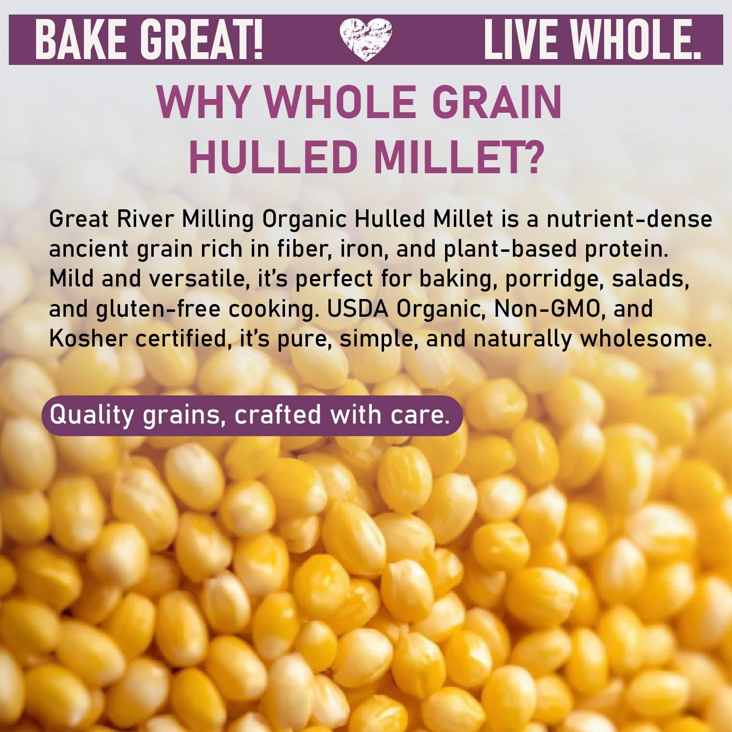 Great River Milling wooden spoon of dry millet ready to scoop for recipes and meal prep