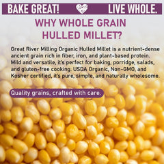 Great River Milling wooden spoon of dry millet ready to scoop for recipes and meal prep
