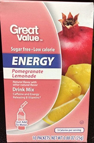 Great Value front packaging showing pomegranate lemonade flavor and single-serve packets for convenient low-calorie refreshment