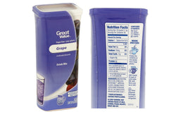 Great Value canister next to filled glass showing serving size and scale