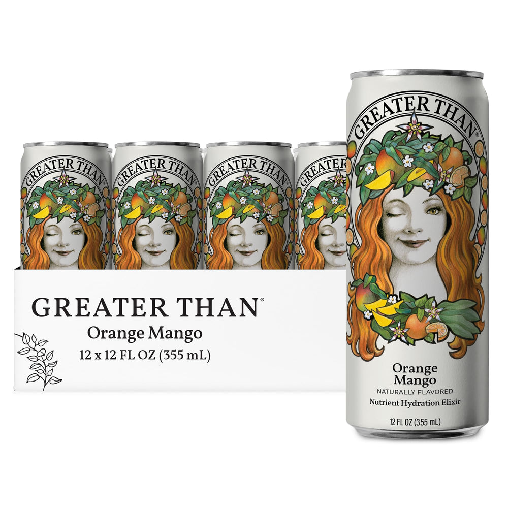 GREATER THAN front can view showing Orange Mango flavor and benefits
