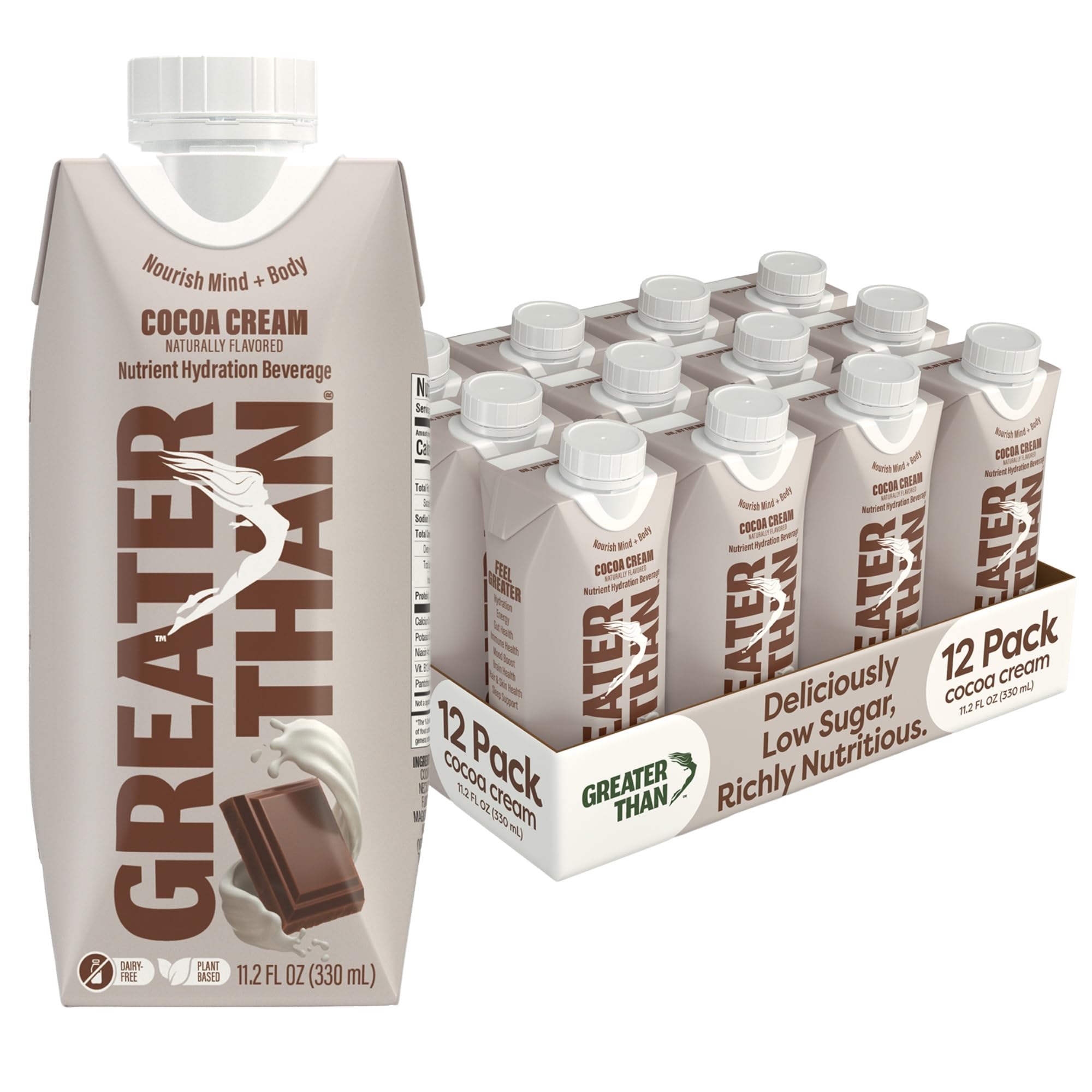 Greater Than front packaging of Cocoa Cream showing can design and benefits