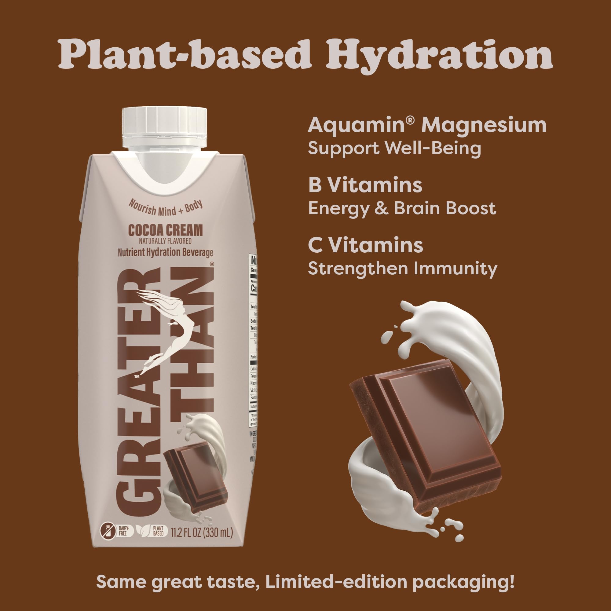 Greater Than can held in hand for scale showing portable hydration on the go