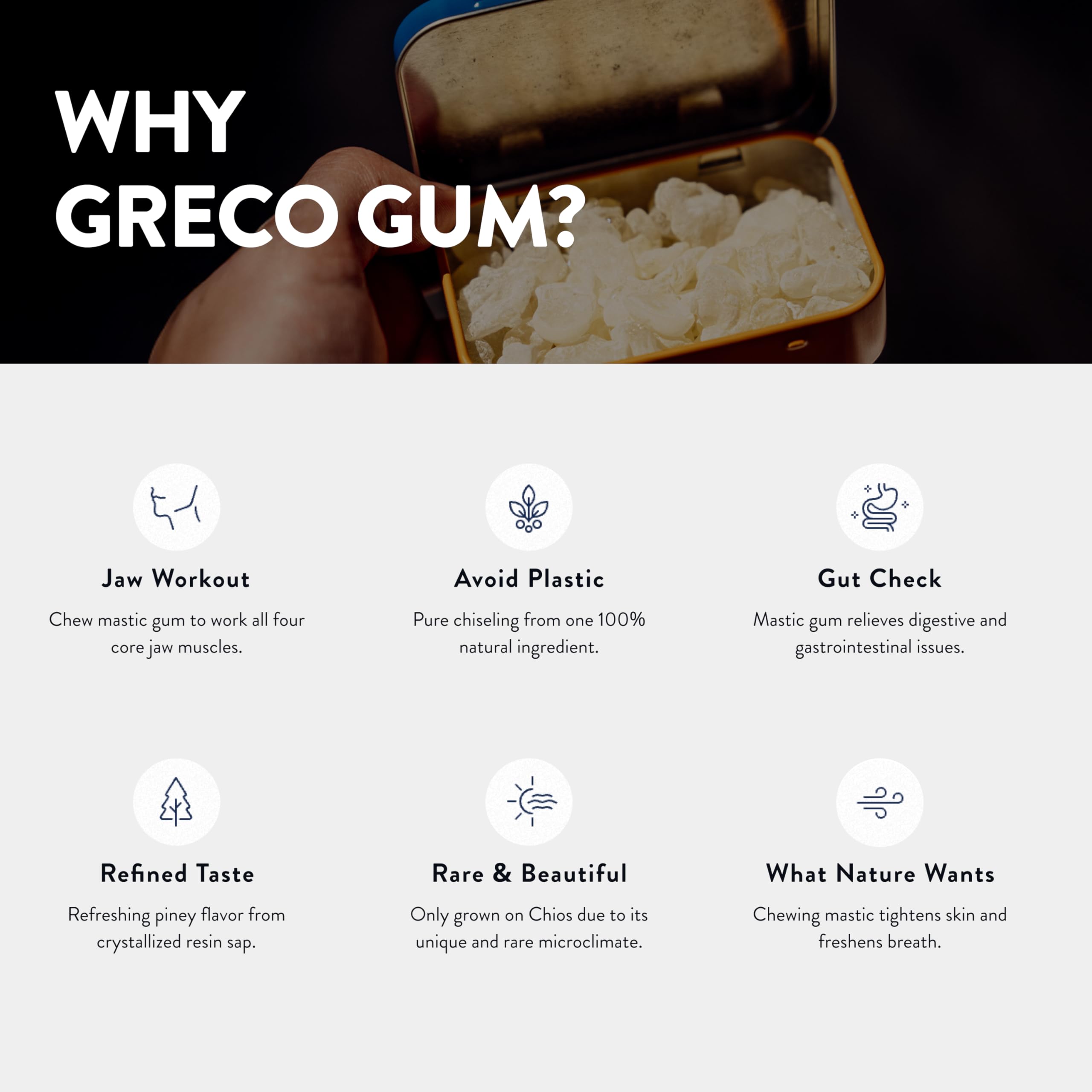Person chewing Greco Gum nugget, demonstrating jaw exercise and sustained flavor