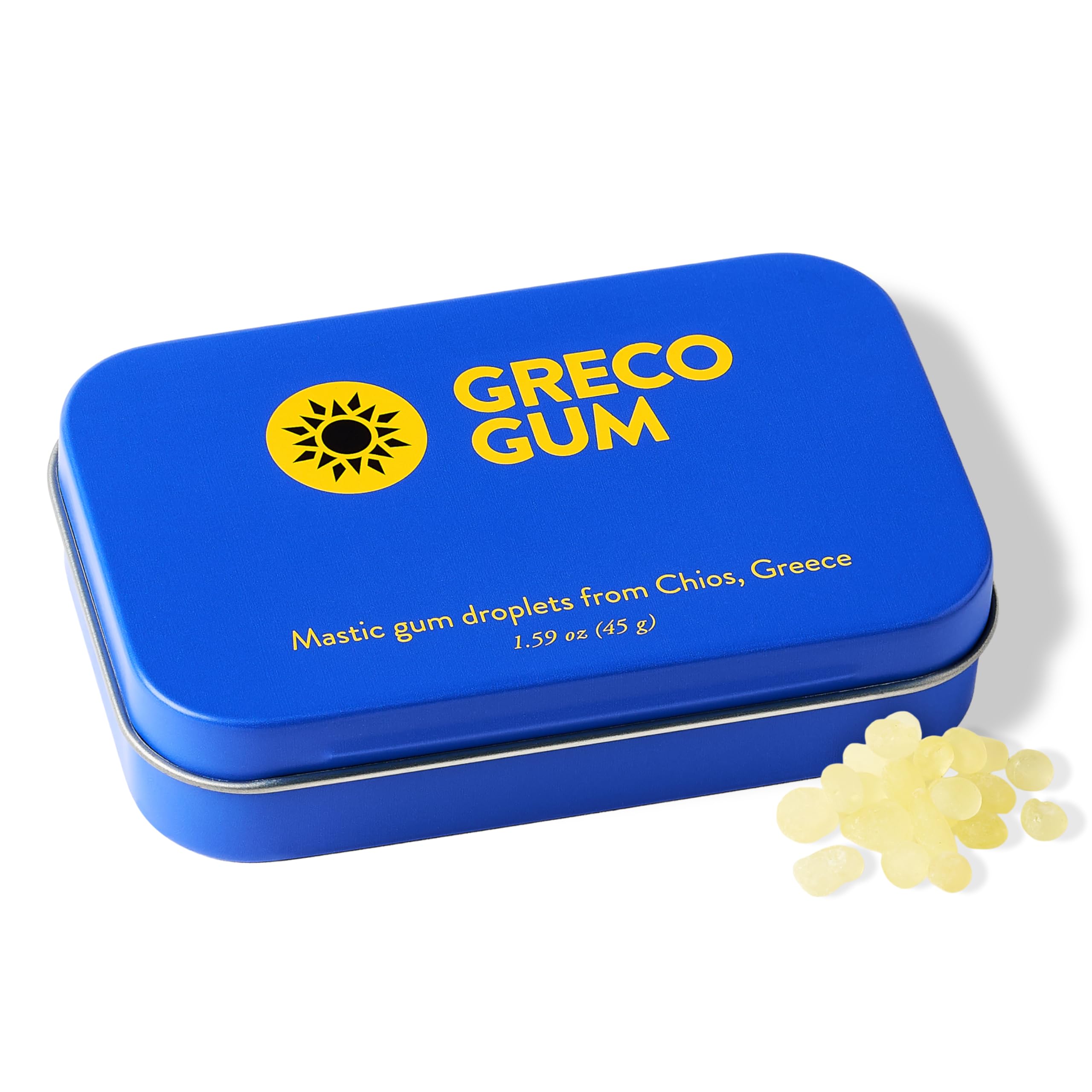 Greco Gum tin front view showing brand and compact travel benefit