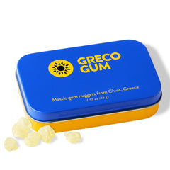 Greco Gum tin front view showing brand and compact piney resin benefits